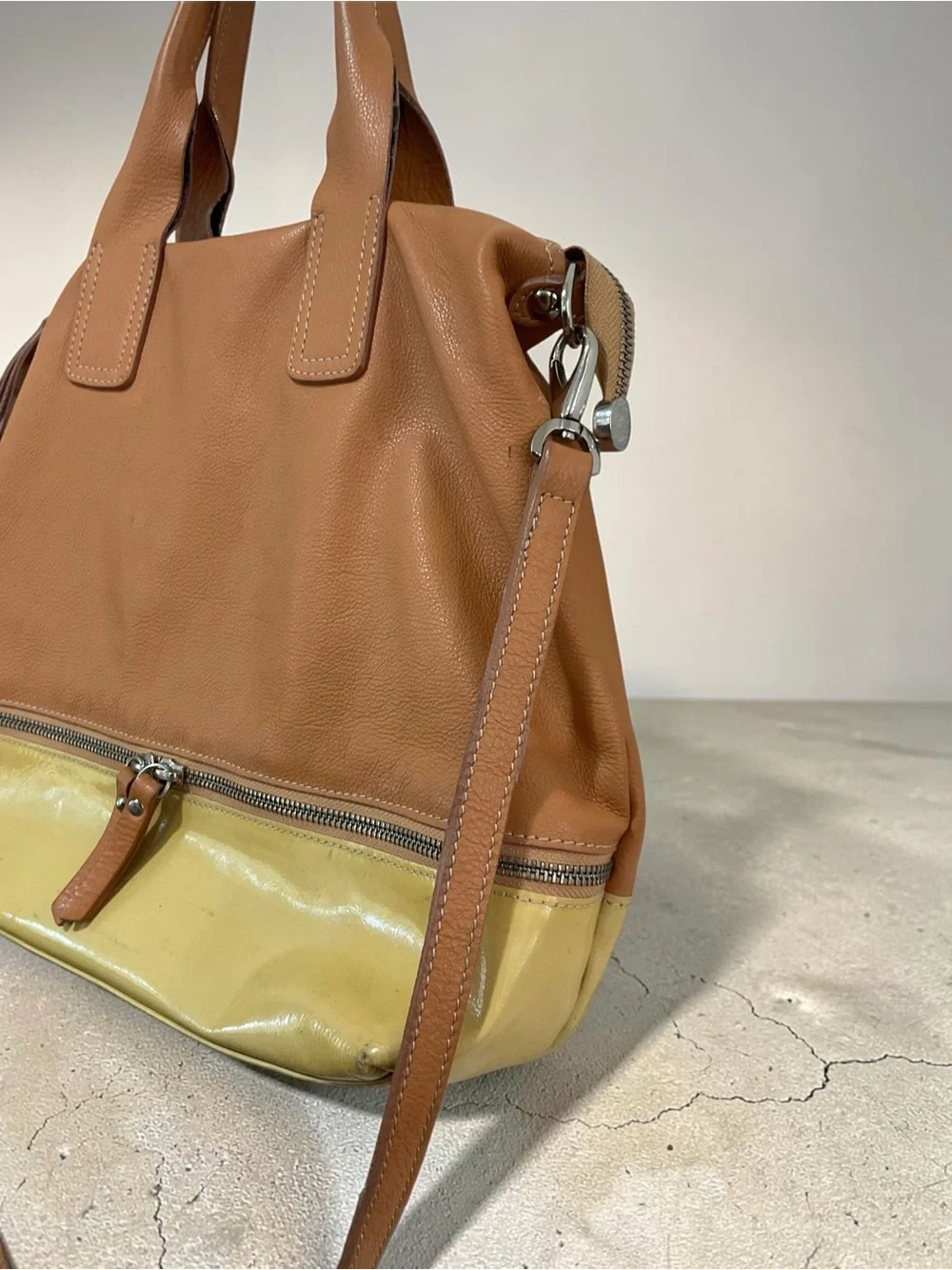 Two-Tone Leather and Patent Leather Satchel Bag in Brown and Yellow